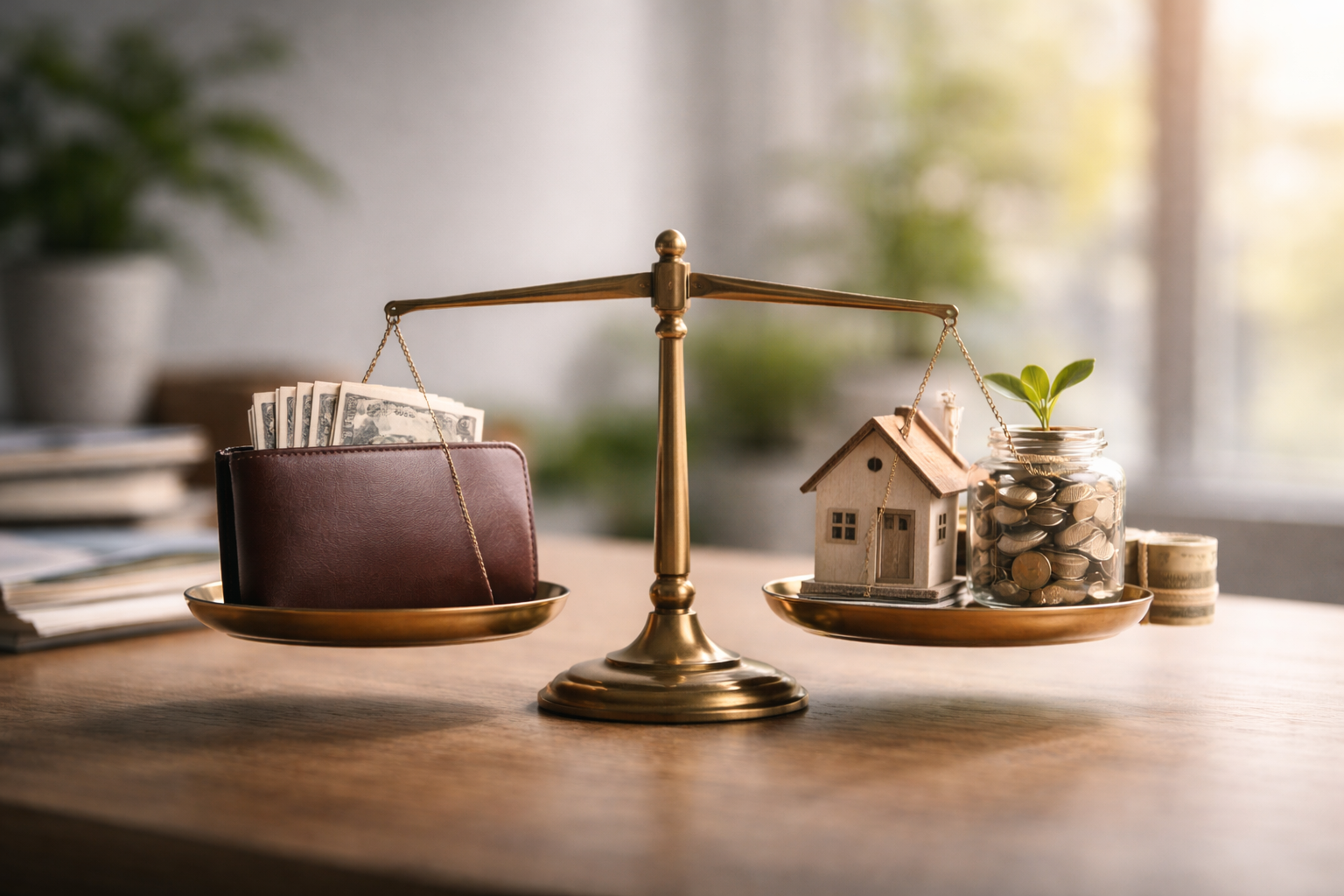 手取り vs 将来保障のバランスを象徴する未来志向のイメージ画像