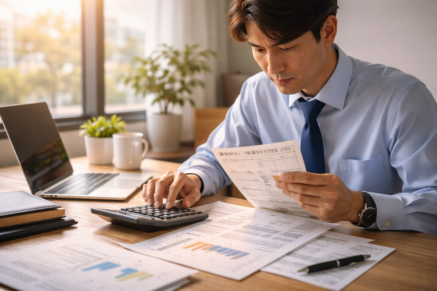 源泉徴収票と電卓で税金を確認する会社員のイメージ画像